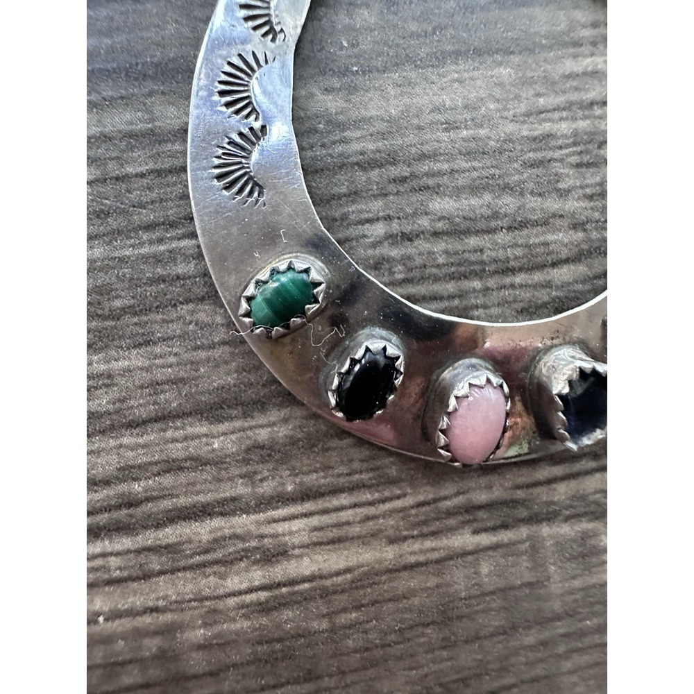 Navajo Sterling Silver Multi Stone Large Hoop Earrings Signed AJ - Picture 5 of 16